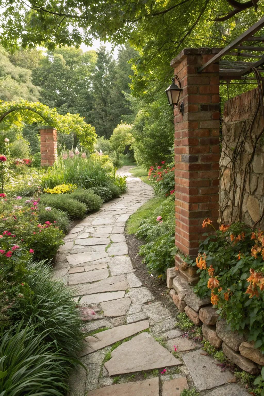 Inviting stone pathways enhance garden charm.