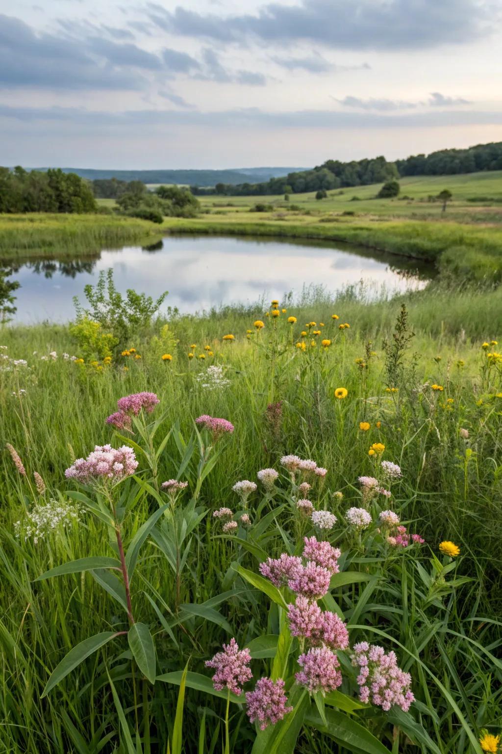A naturalistic meadow with milkweed and wildflowers creates a serene and wild landscape.