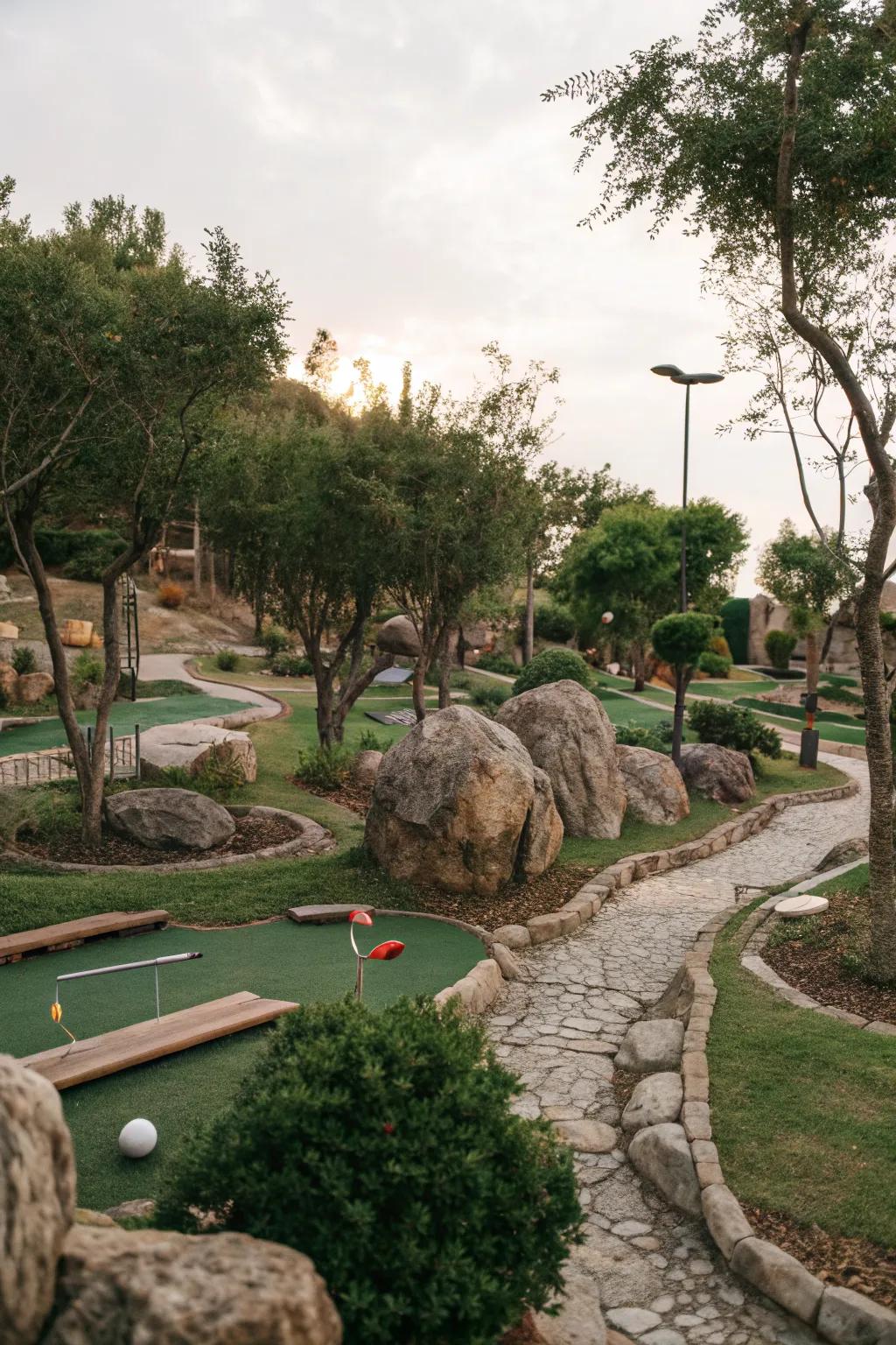 A mini golf course featuring natural elements as obstacles, creating a harmonious blend with the garden.