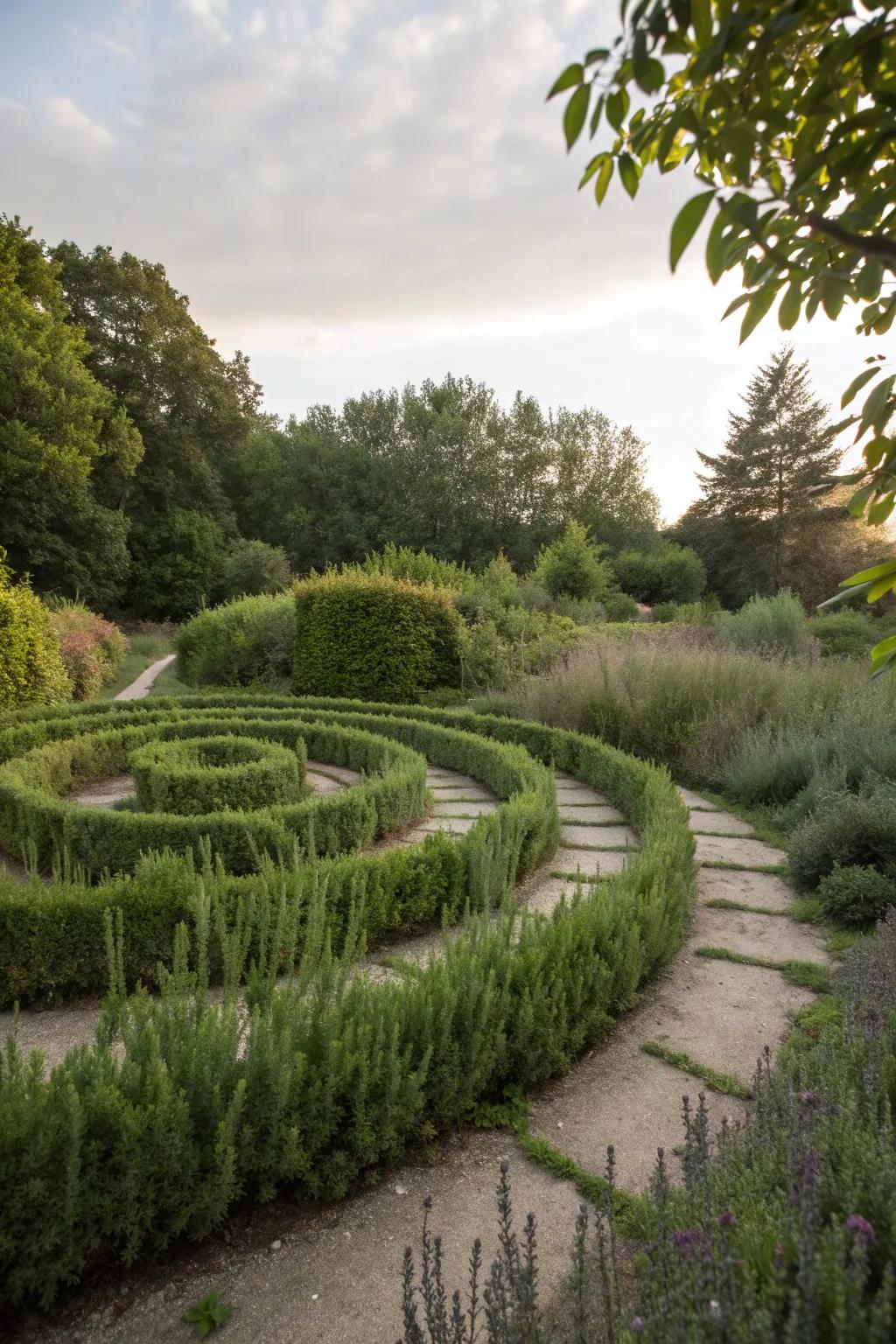 Herbs lining the paths of this labyrinth create a sensory garden experience.