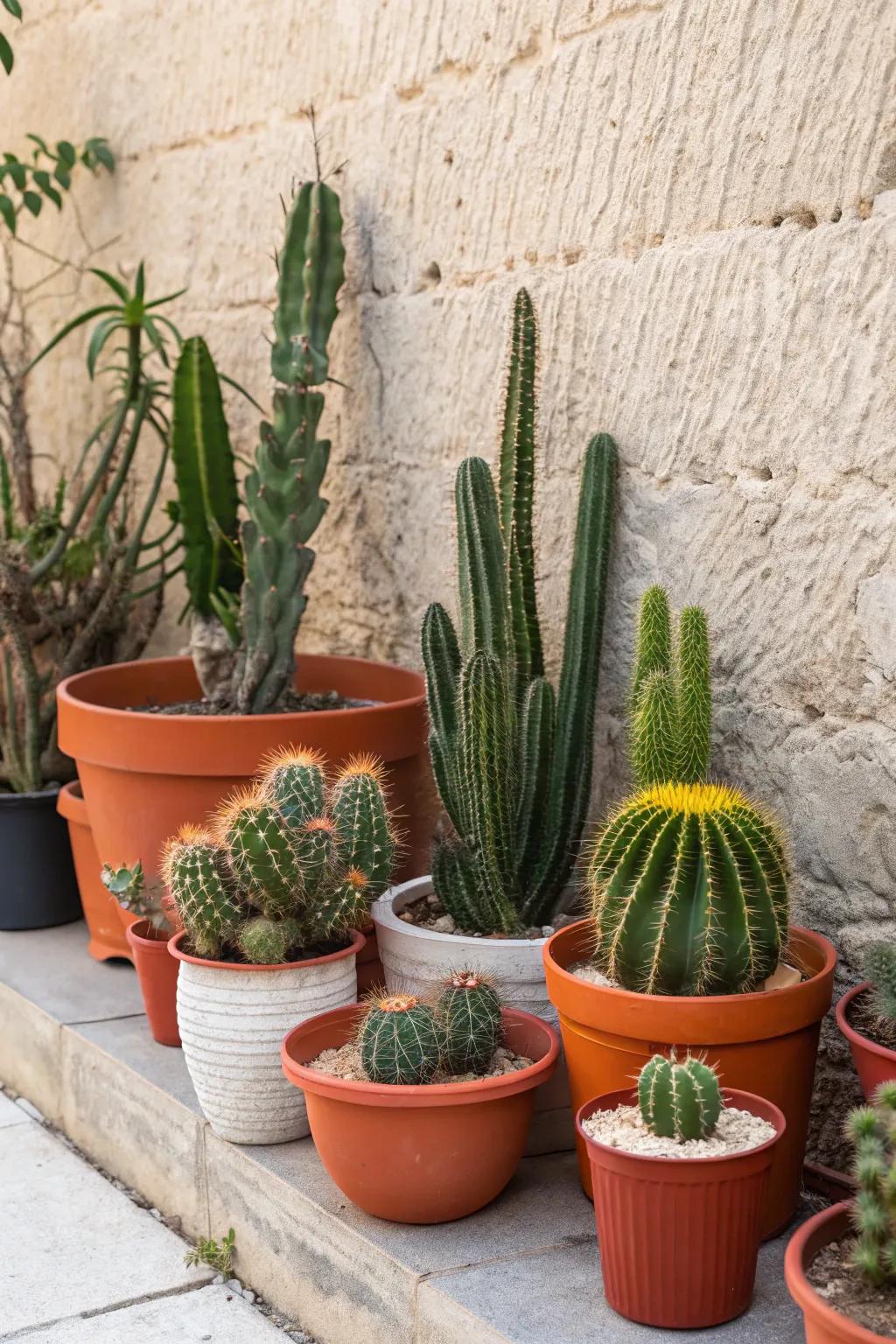 Potted cacti creating an artistic display against a textured backdrop.
