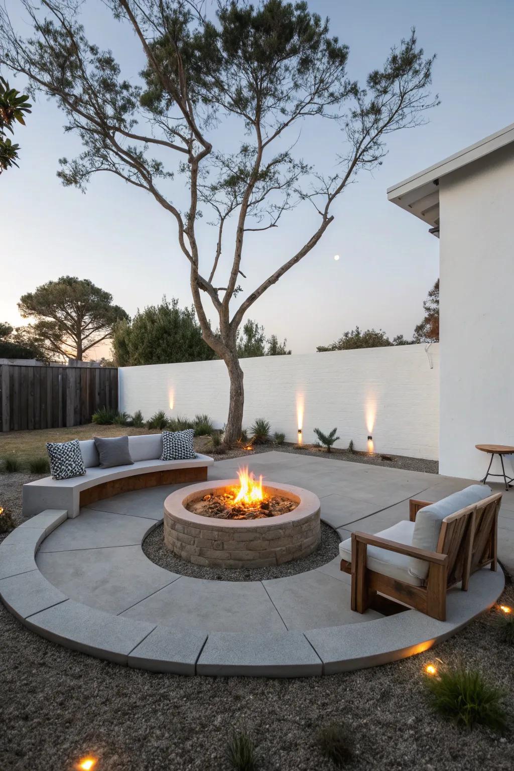A modern fire pit creating a warm focal point.