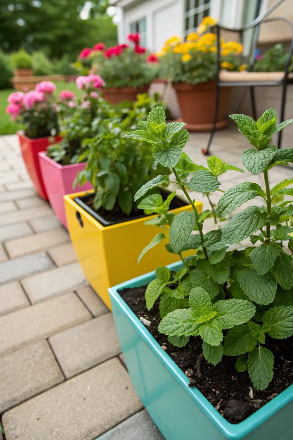 Container gardening with mint plants in vibrant pots.