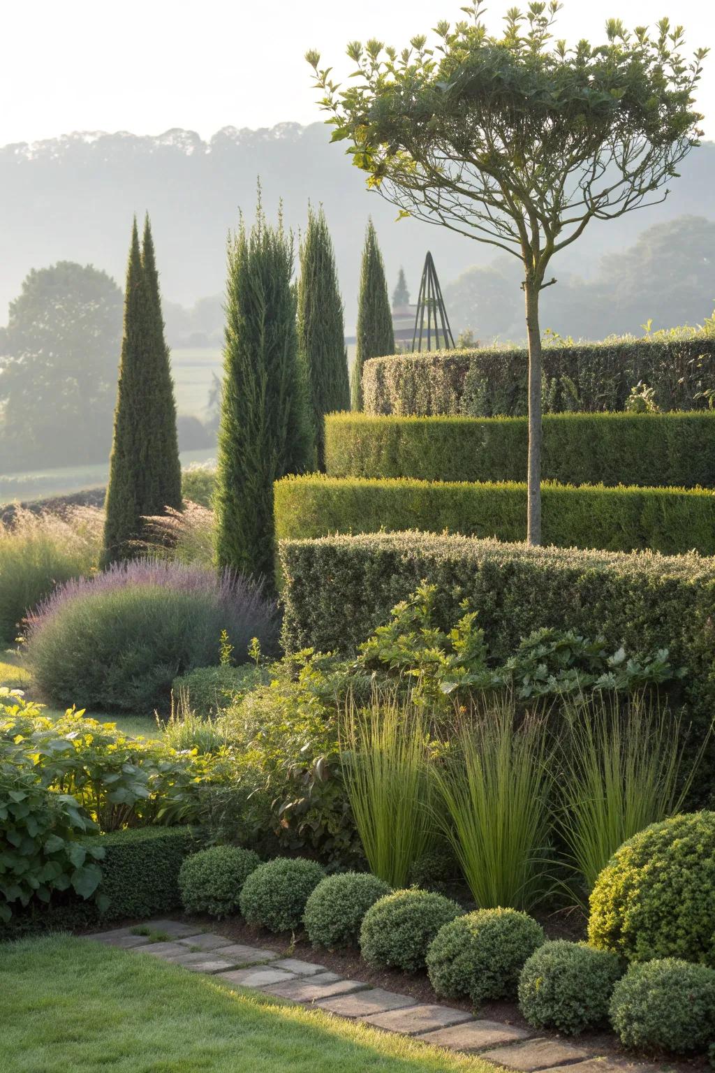 A layered hedge with taller plants at the back and shorter plants in the front.