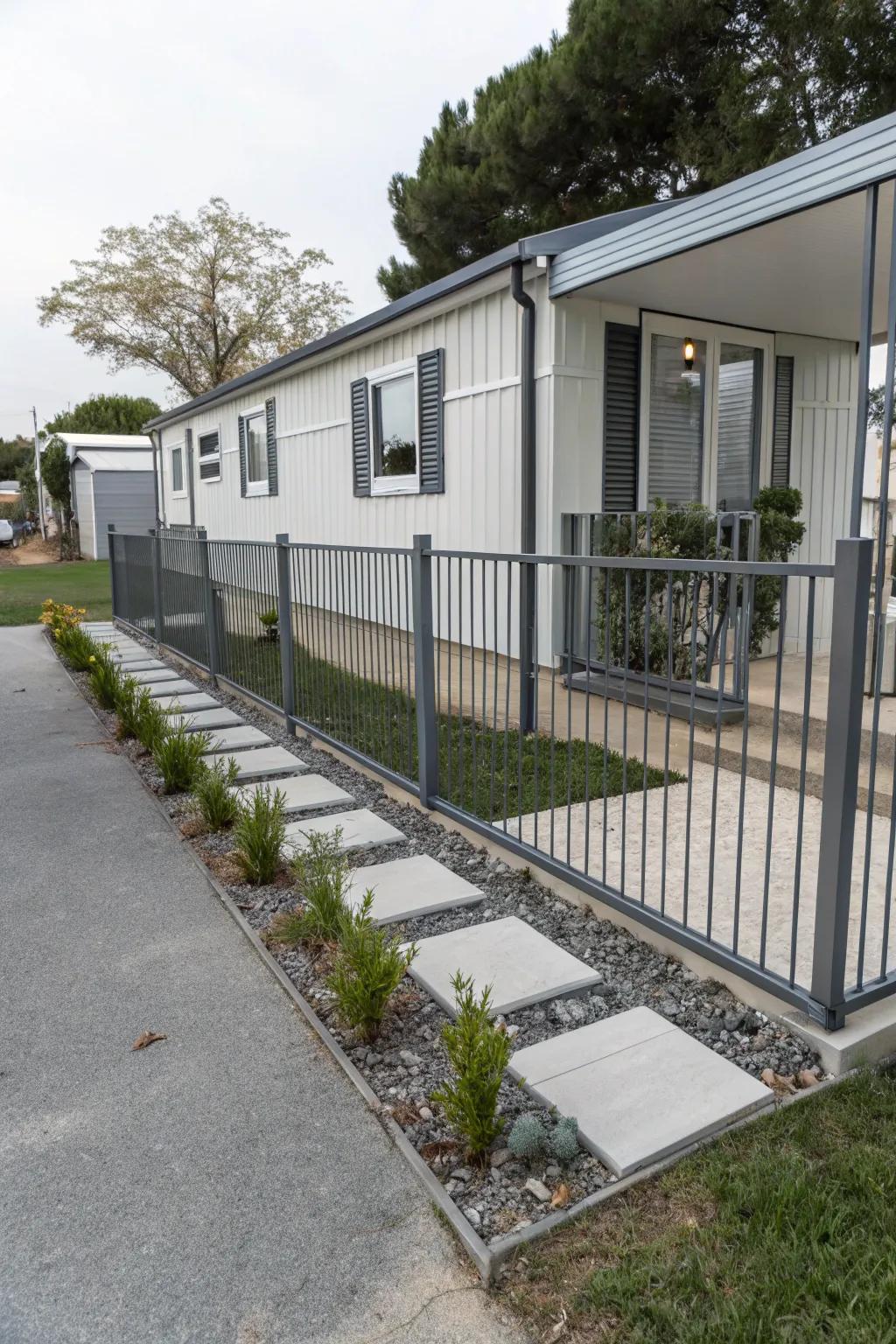 Modern metal fences offer durability and style for contemporary mobile homes.