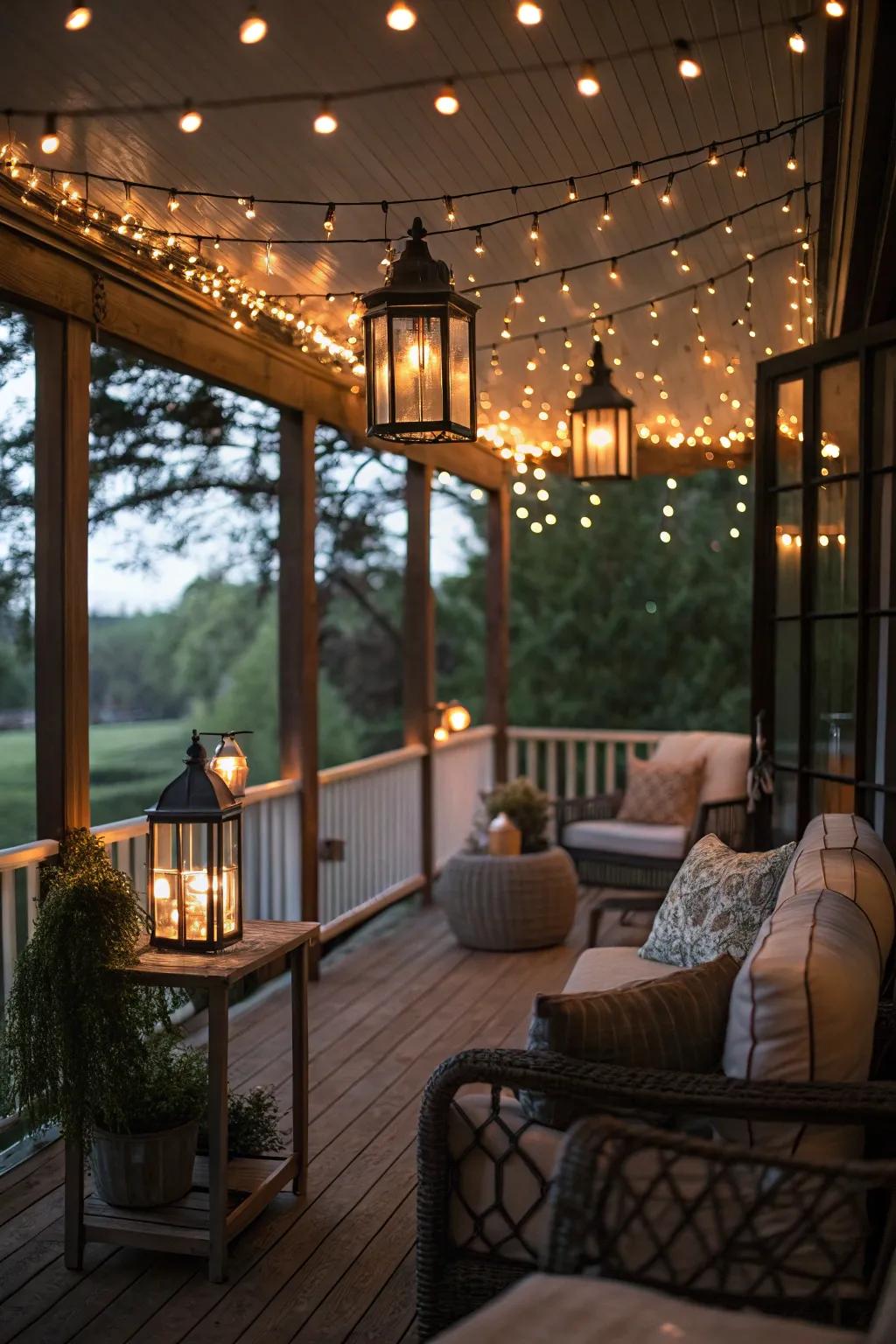 Ambient lighting setting the mood on a screened-in porch.