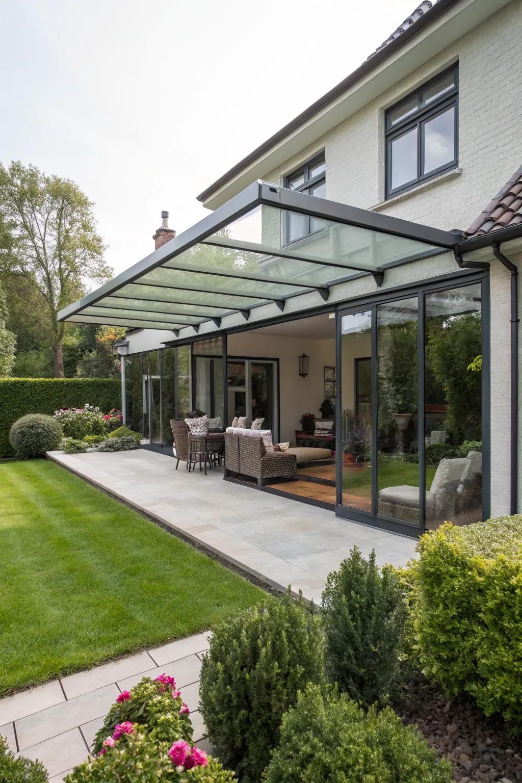 Glass panel awnings create a bright space while providing essential coverage.