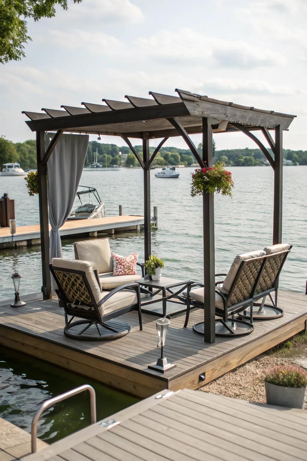 A pergola adds both shade and sophistication to your dock, creating a perfect spot to relax.