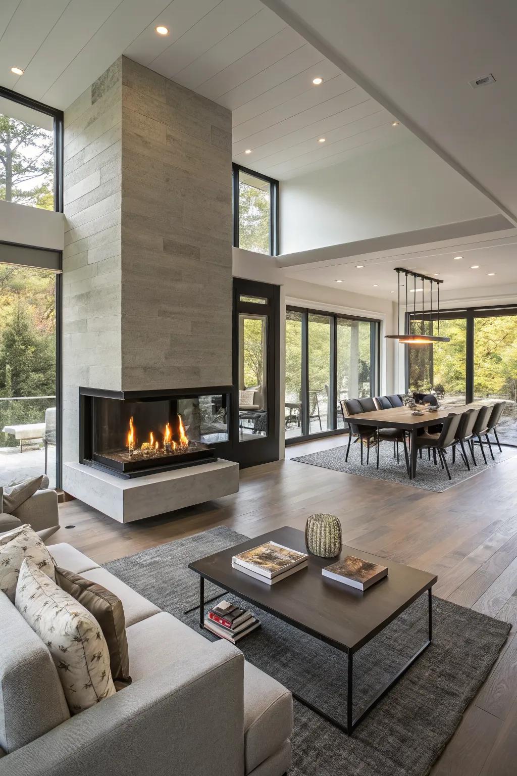 Double-sided fireplace seamlessly connecting living and dining areas.