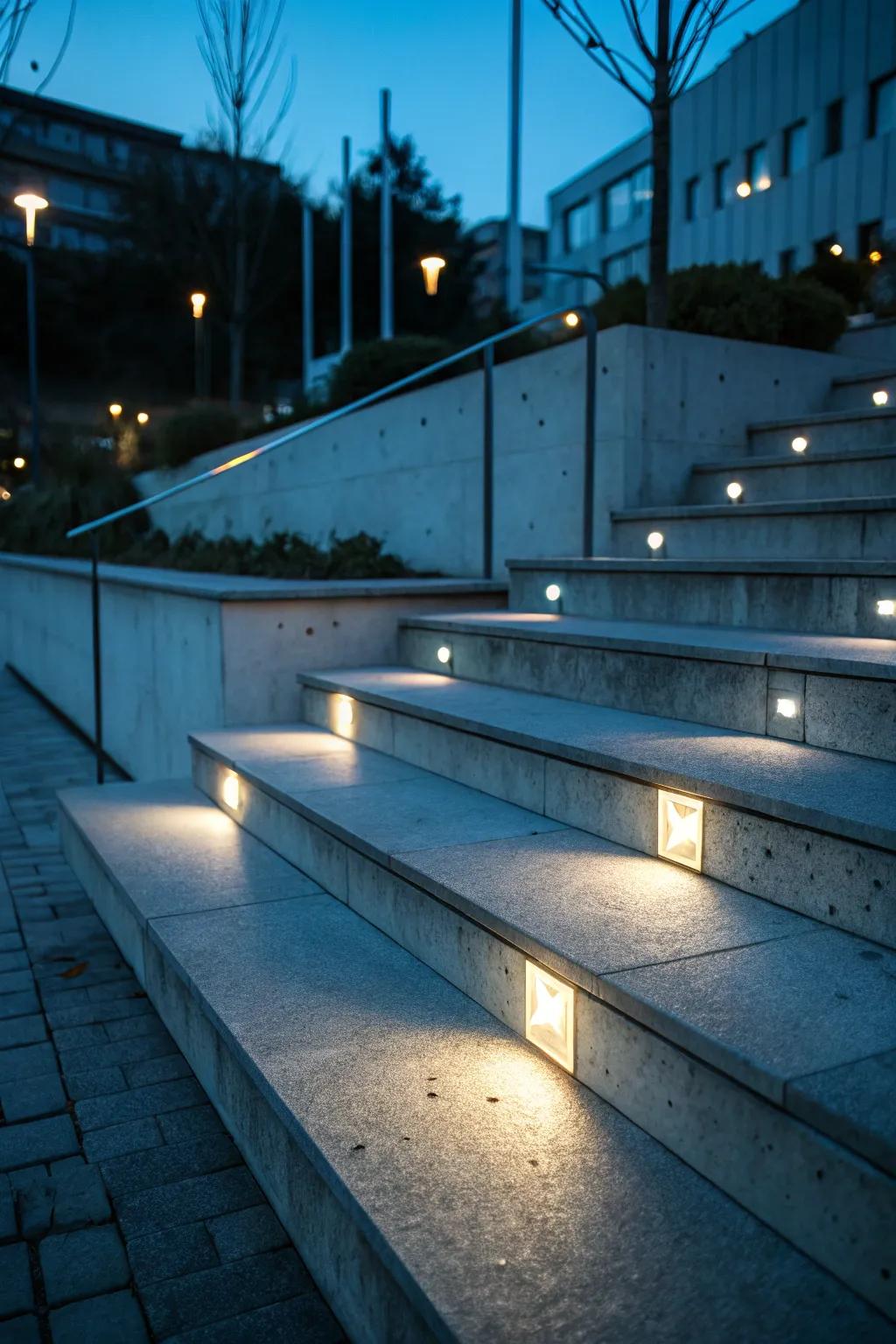 Concrete steps with integrated lighting creating a welcoming glow.
