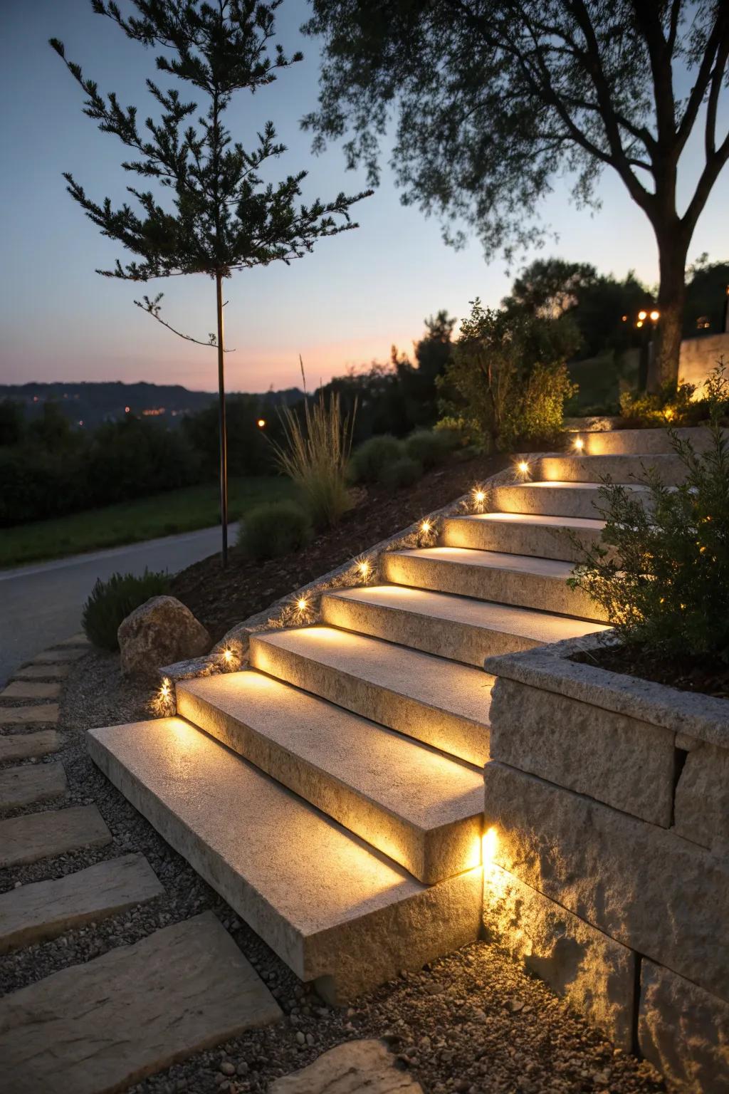 Concrete steps with integrated lighting for evening ambiance.