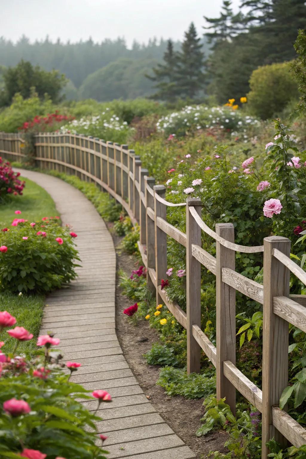 A beautifully crafted wooden fence with elegant curves, complementing the garden's natural beauty.