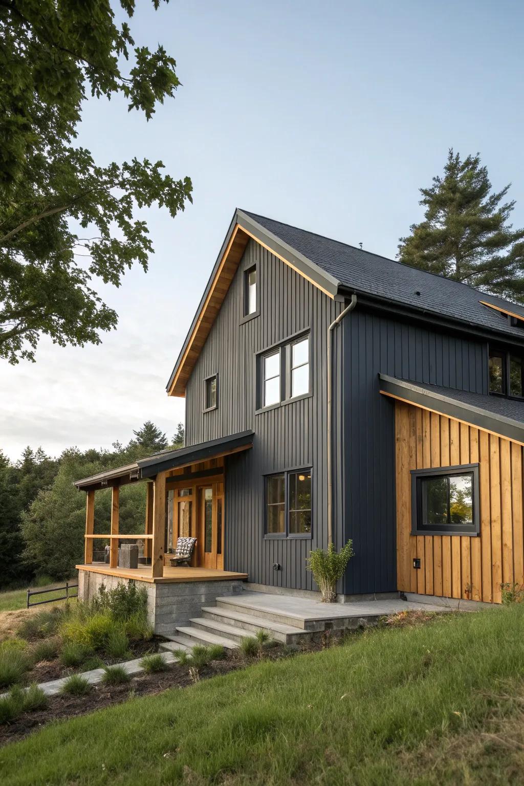A modern home with a charcoal gray exterior complemented by wooden elements.
