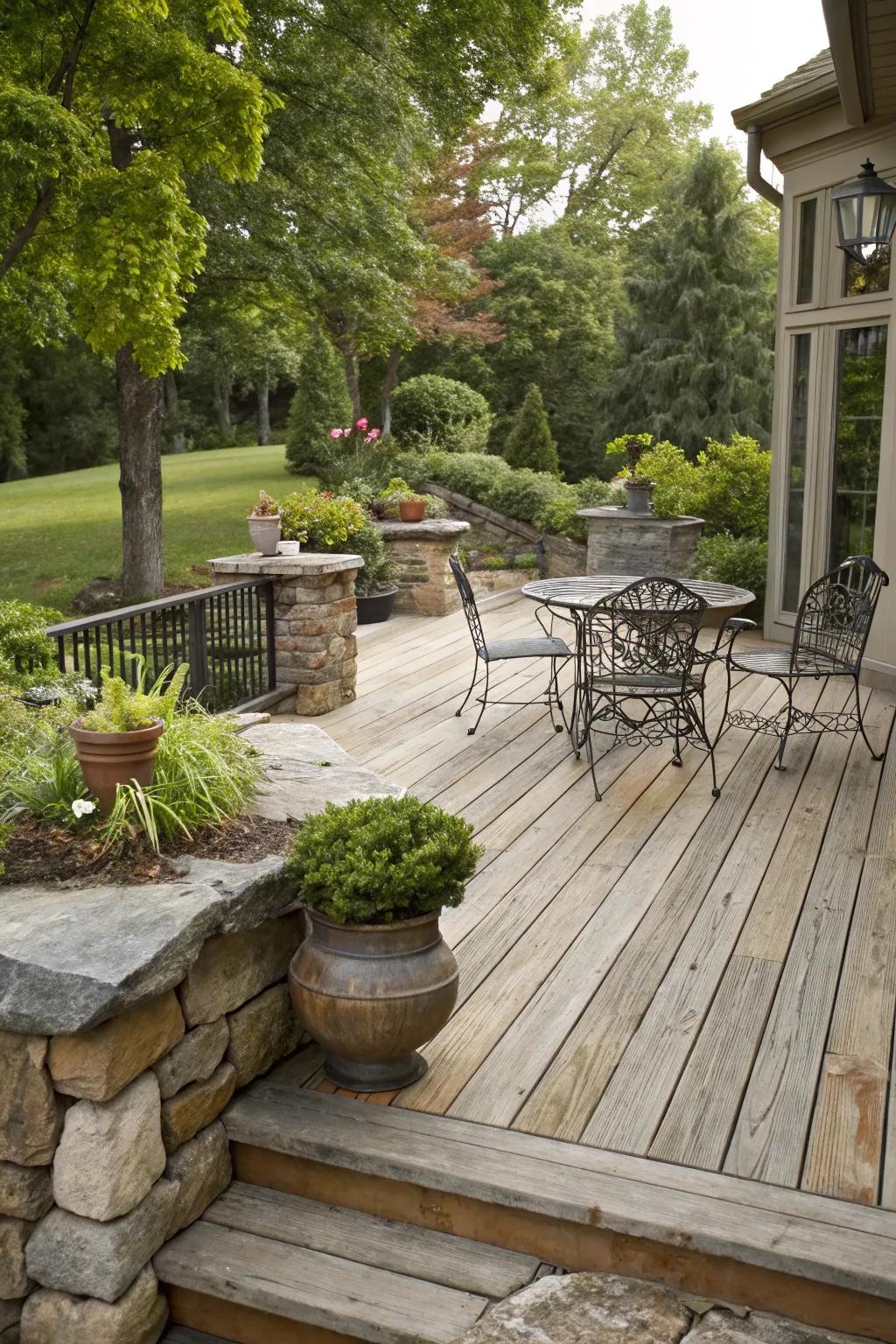 Mix materials to create a visually appealing and textured outdoor space.