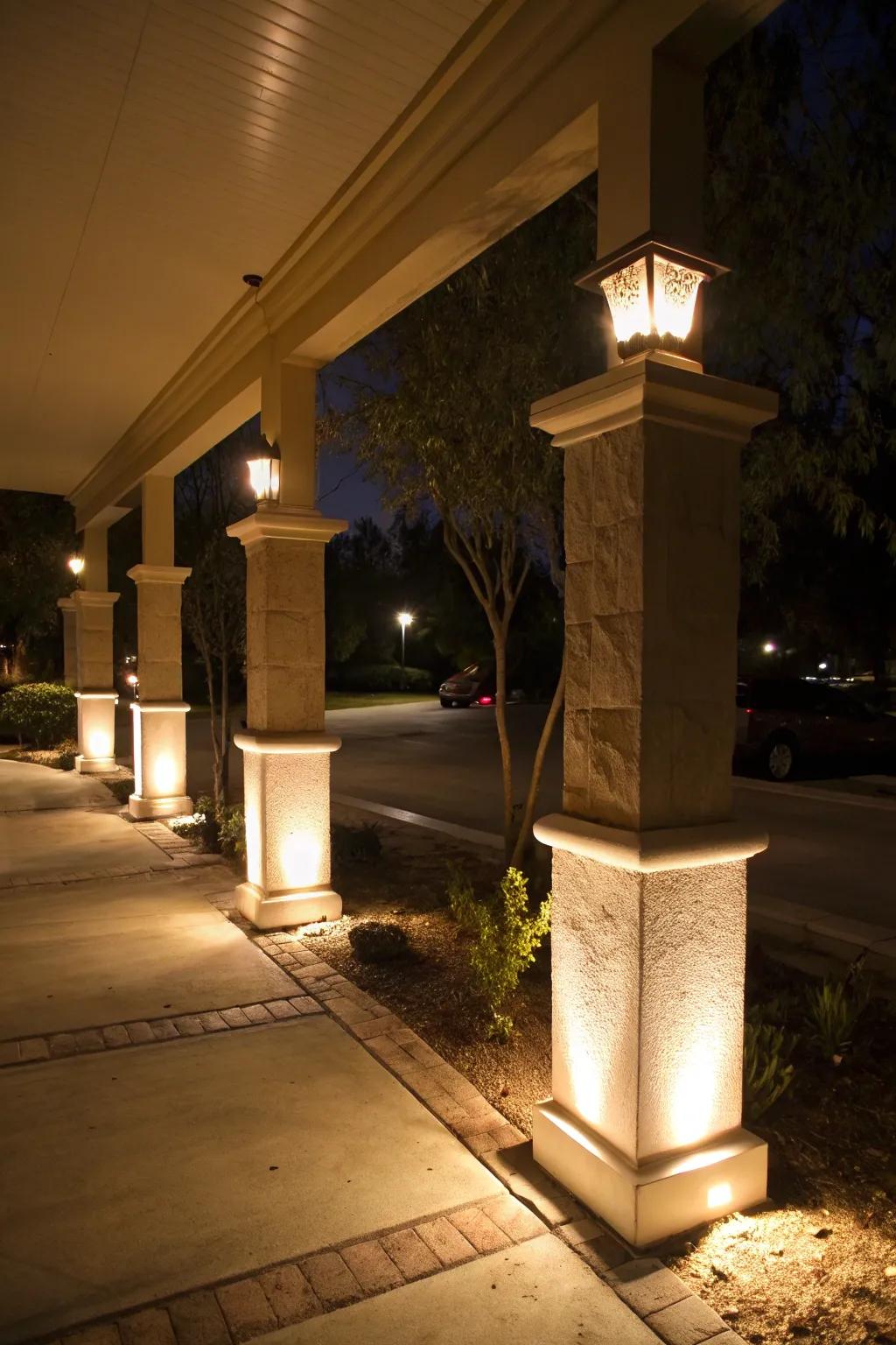 Integrated lighting enhances the elegance of driveway pillars.