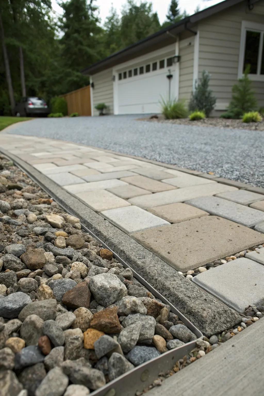 A driveway that creatively uses mixed materials for a unique look.