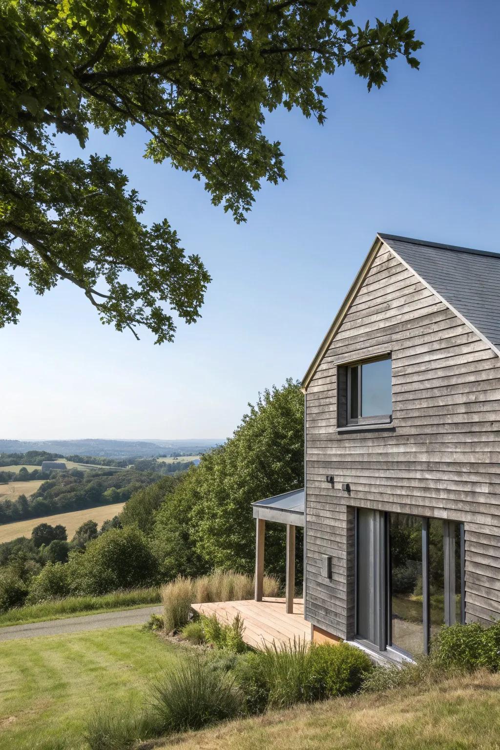 Weathered grey timber offers a rustic elegance.