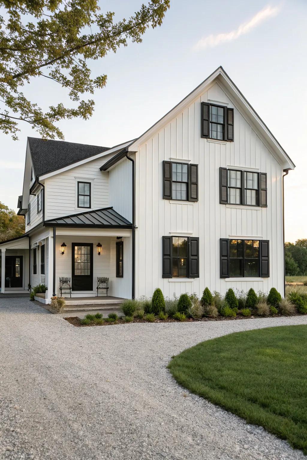 Striking contrast with dark accents on a modern farmhouse.
