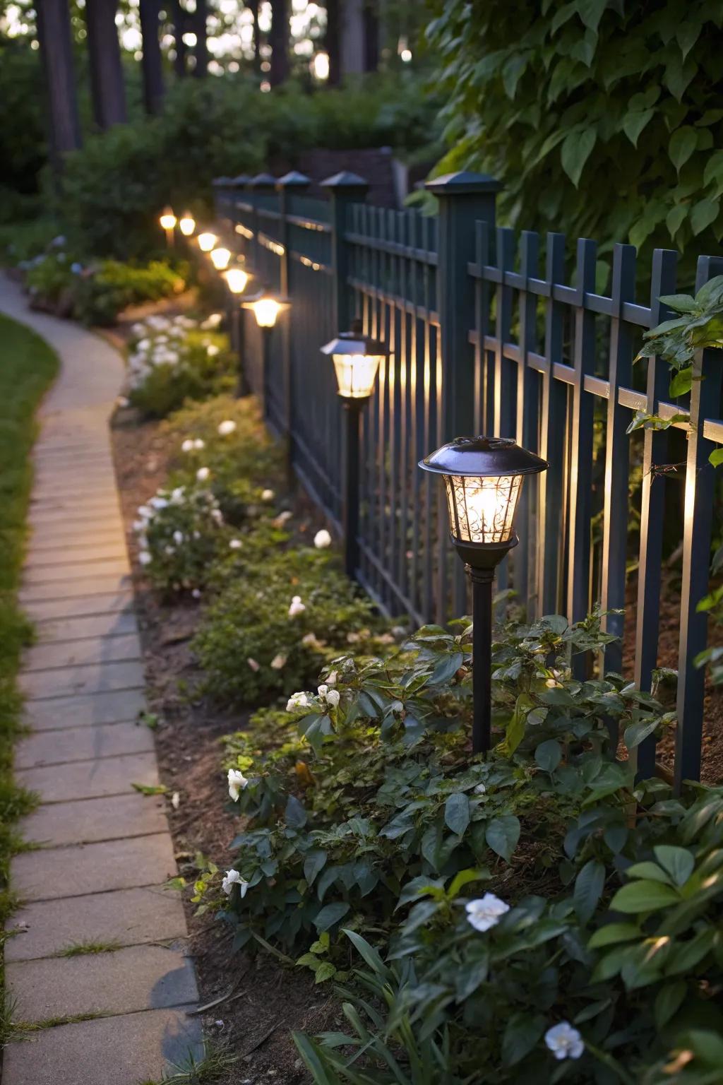 Eco-friendly solar path lights elegantly illuminate a garden path.
