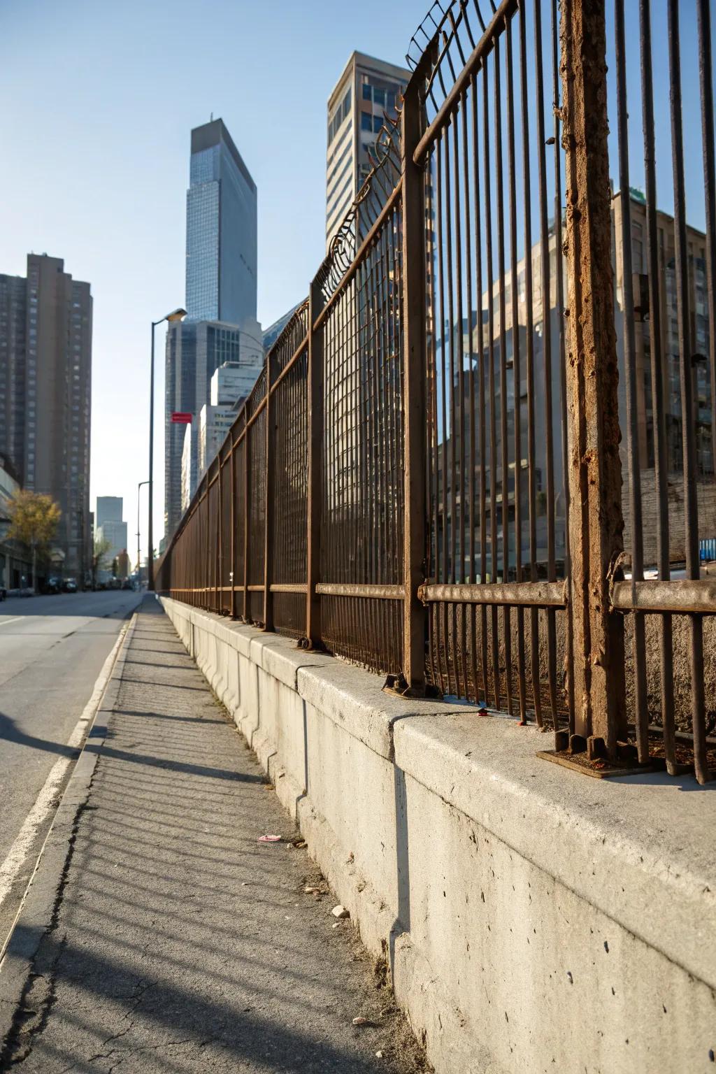 Metal slats and a concrete base offer a durable, urban fence design.