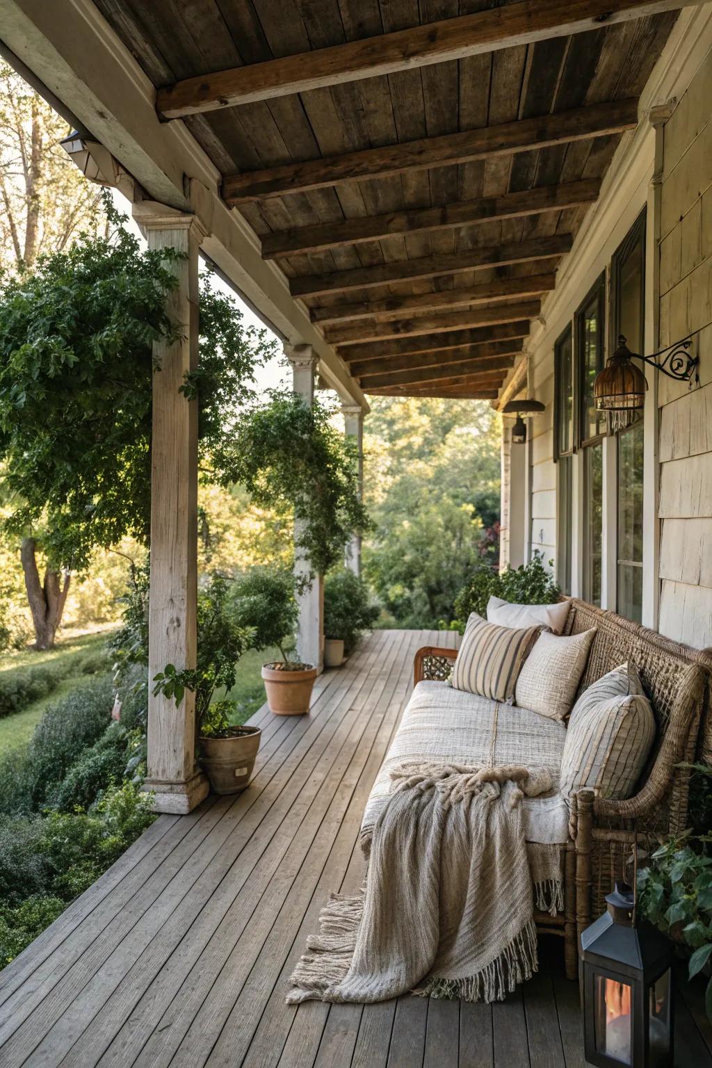 Wooden beams add a rustic charm to this modern front porch.