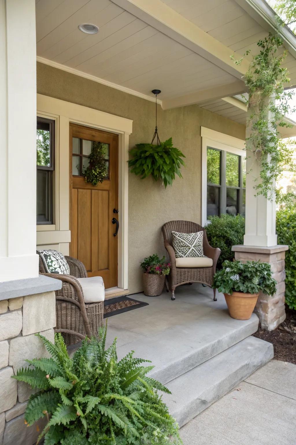 Neutral colors provide a soothing backdrop for modern porch decor.