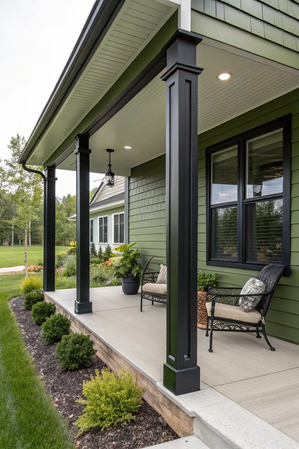 Black metal pillars offer a sleek, modern edge.