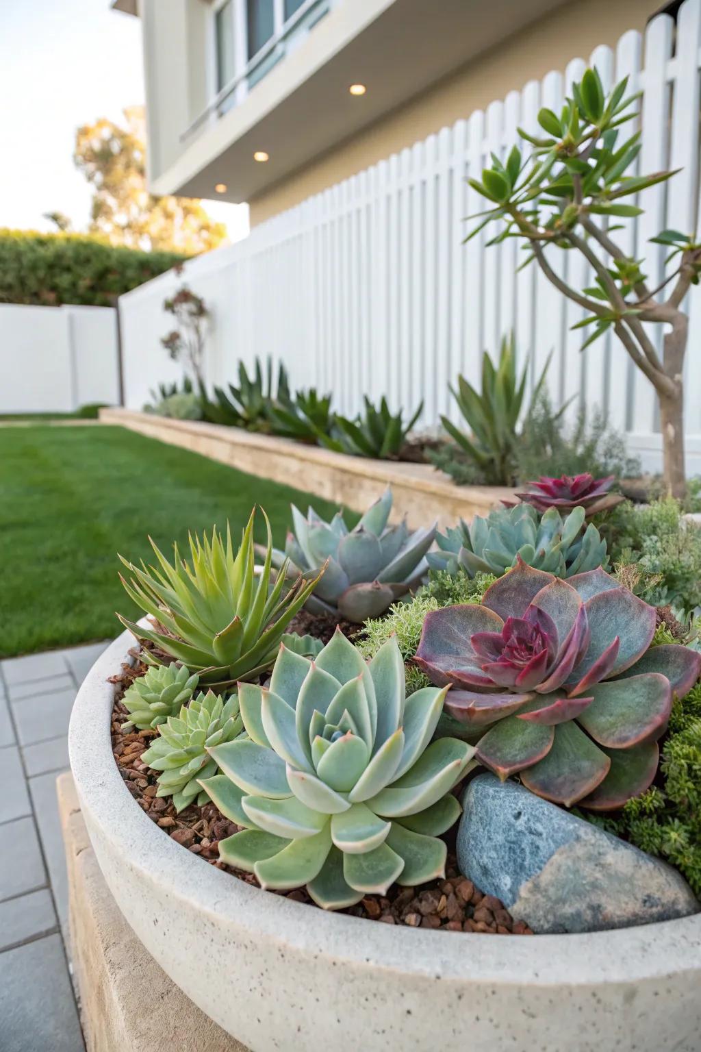 Succulents offer diverse textures and colors for a striking modern landscape.