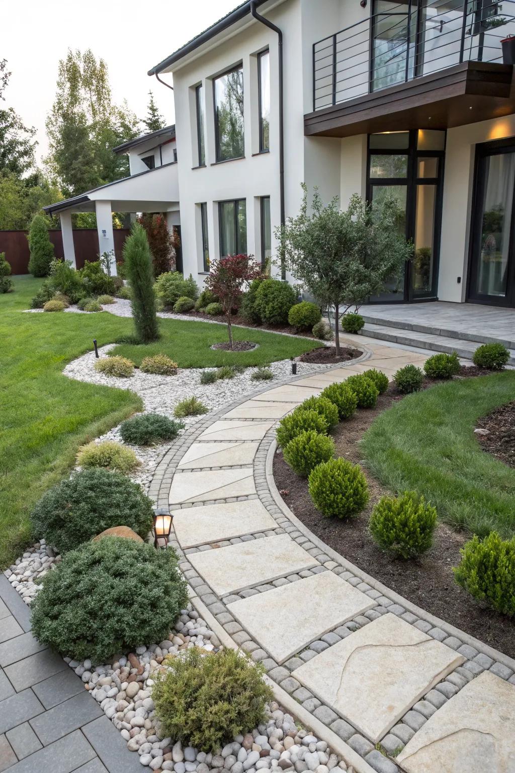Stone pathways lend structure and elegance to the yard.