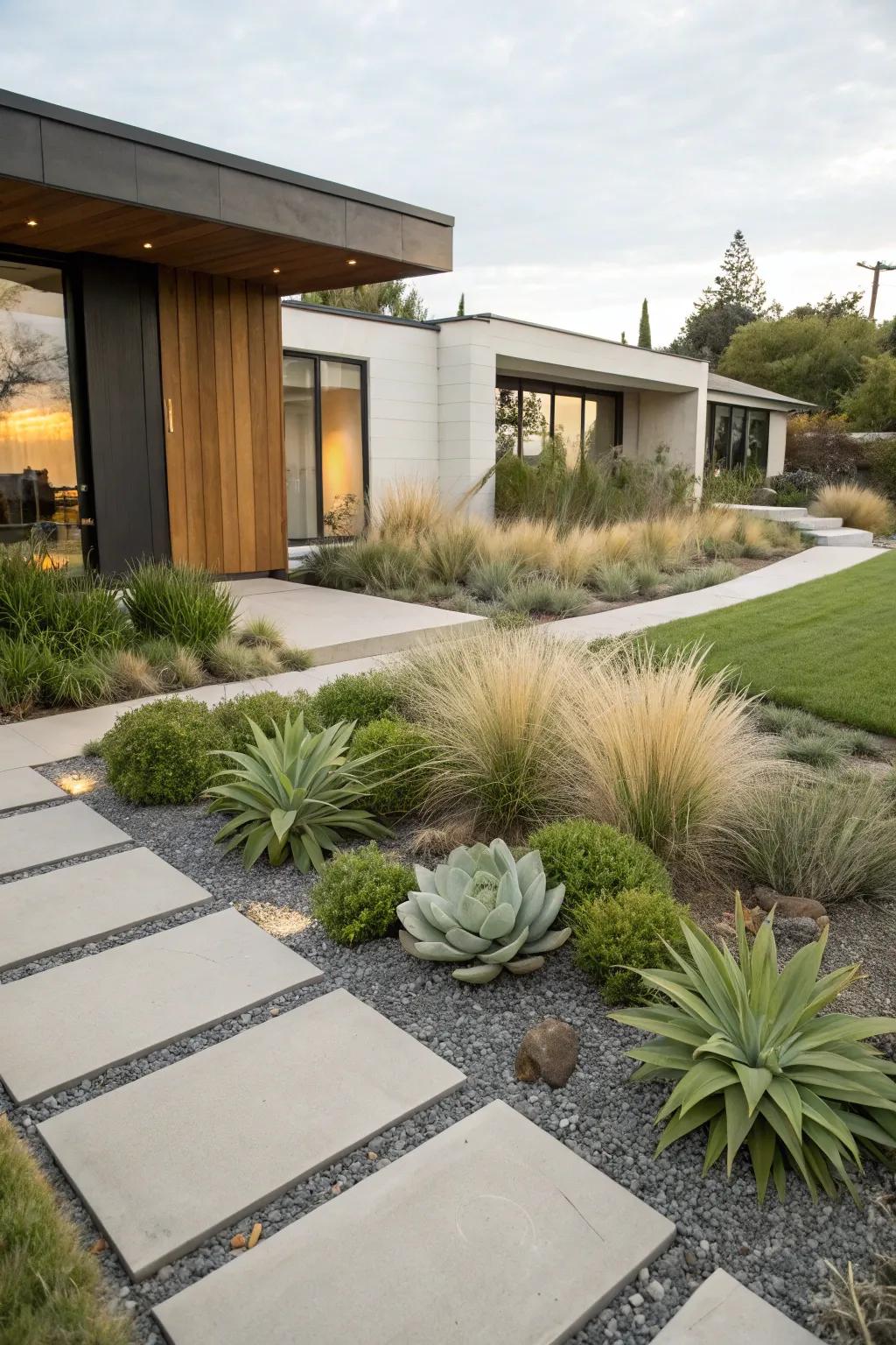 Minimalist plantings with succulents and grasses in a modern front yard.