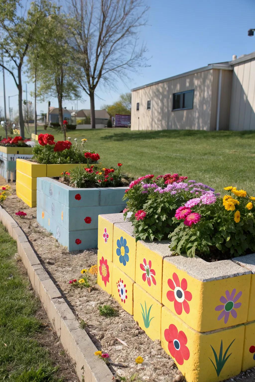 Cinder block planters adding a modern touch with vibrant flowers.