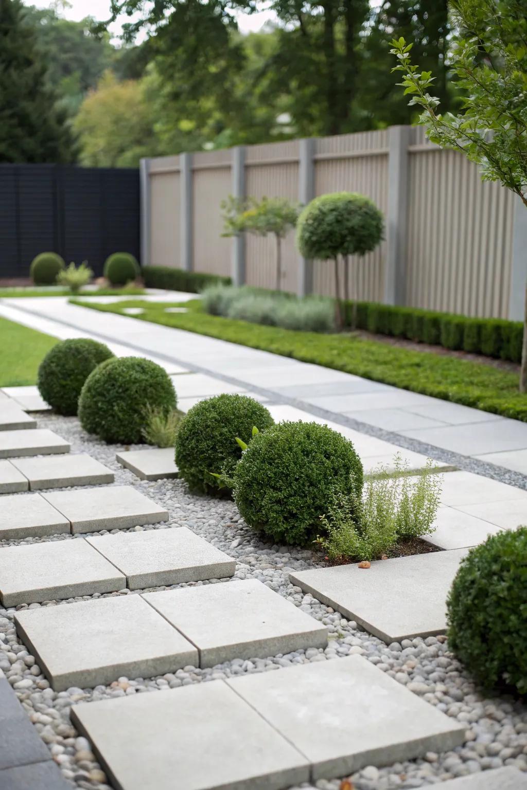A minimalist garden featuring geometric paving and clean lines.