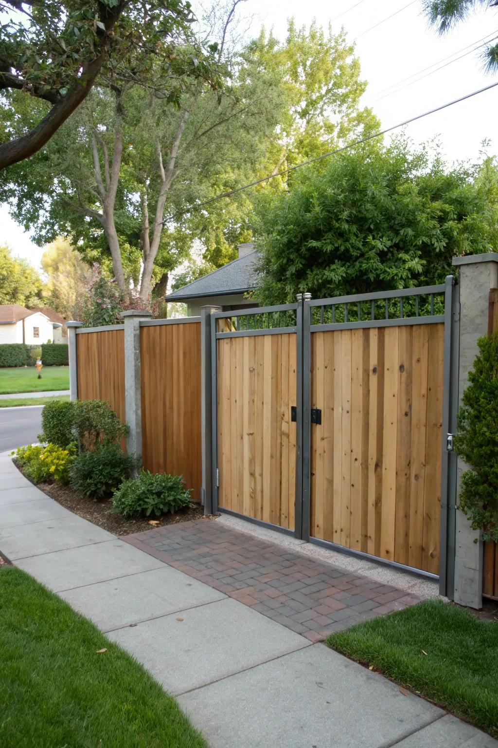A residential gate featuring wooden panels and a metal frame.