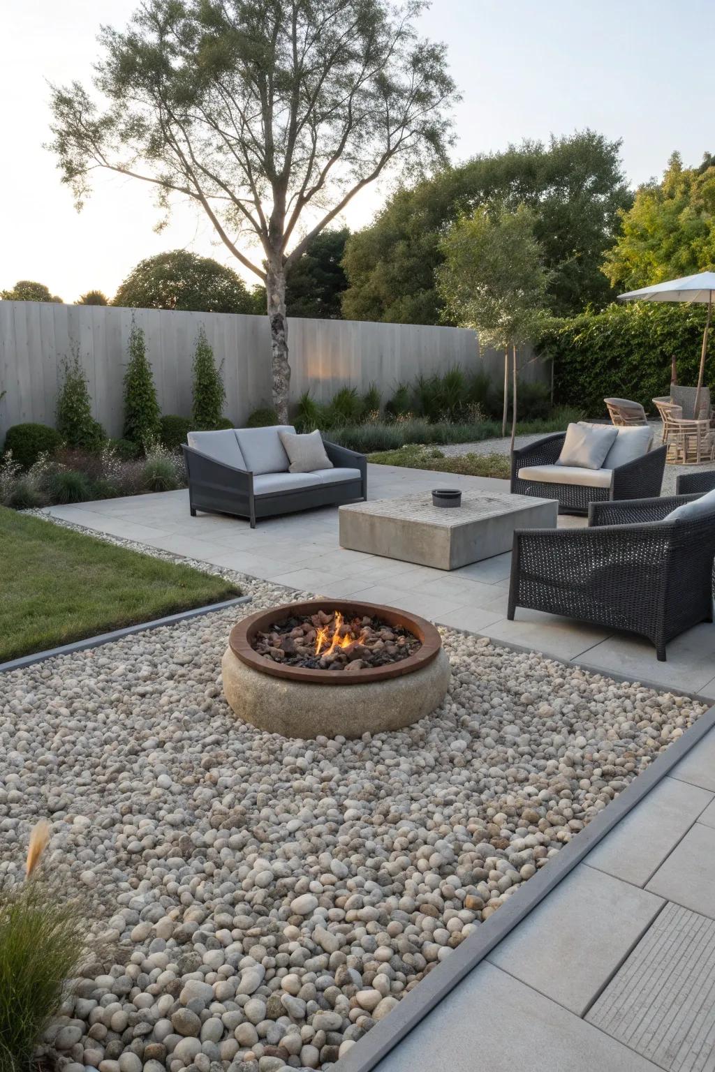A cozy seating arrangement with a fire pit in a gravel garden.