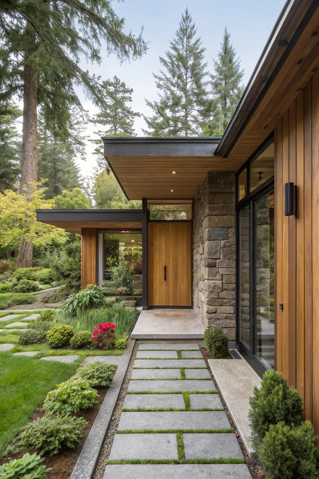 Natural materials create a harmonious entrance.