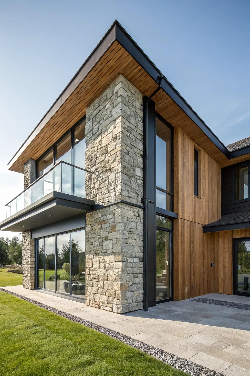 A captivating mix of stone, wood, and glass creates a dynamic facade.