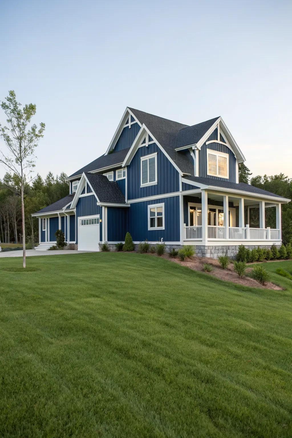 A modern house featuring a navy blue exterior with white trim for a bold statement.