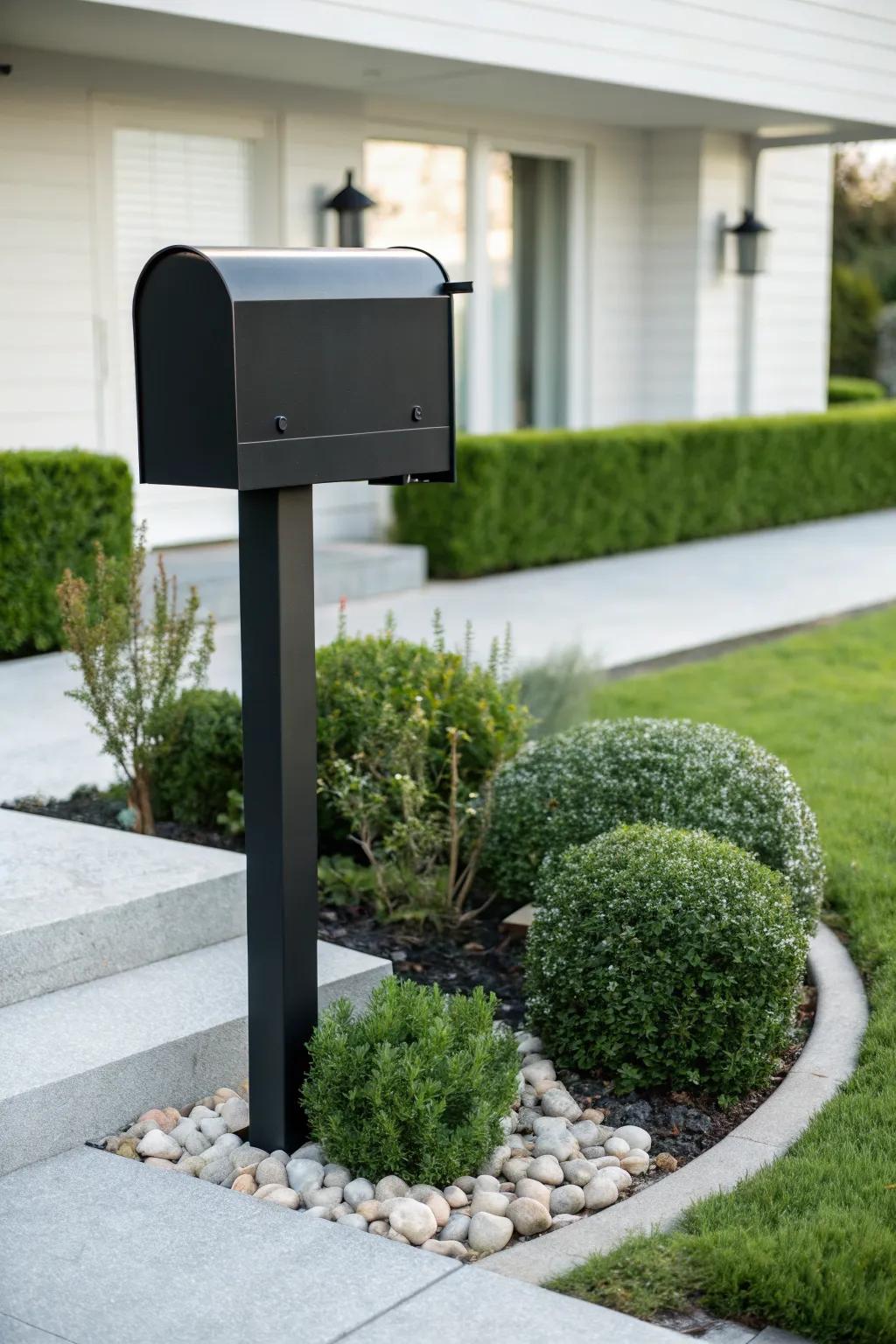 A bold black mailbox post makes a striking statement.