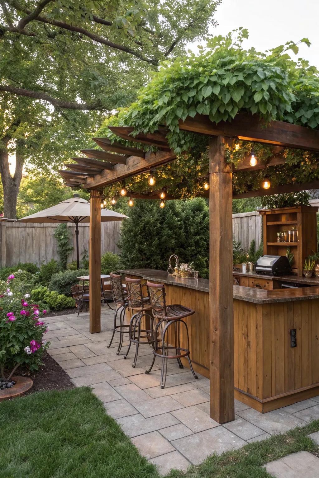 A pergola-covered bar offers both style and practicality.