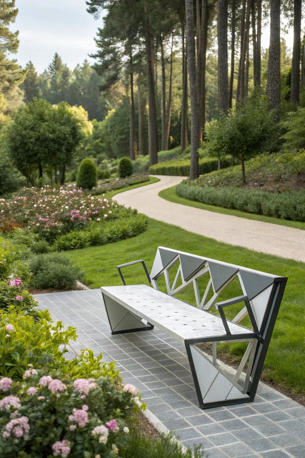A modern bench with eye-catching geometric design elements.