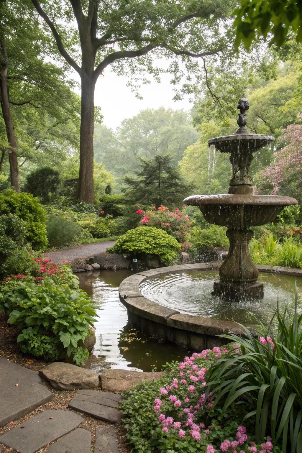 A natural stone fountain that harmonizes with its surroundings.