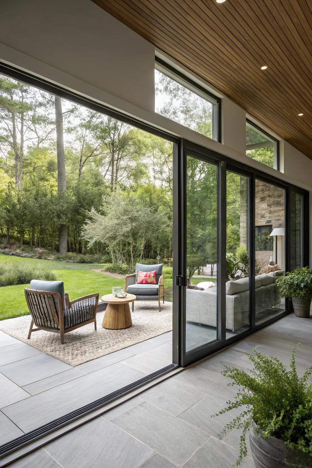 Seamless indoor-outdoor transition with large sliding doors.