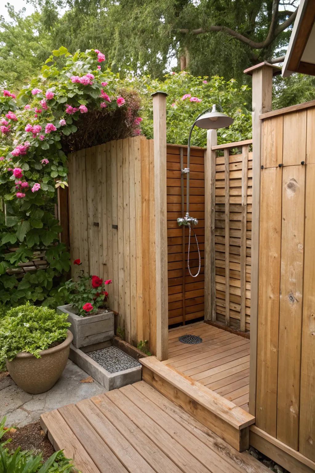 A wooden outdoor shower offering warmth and privacy.