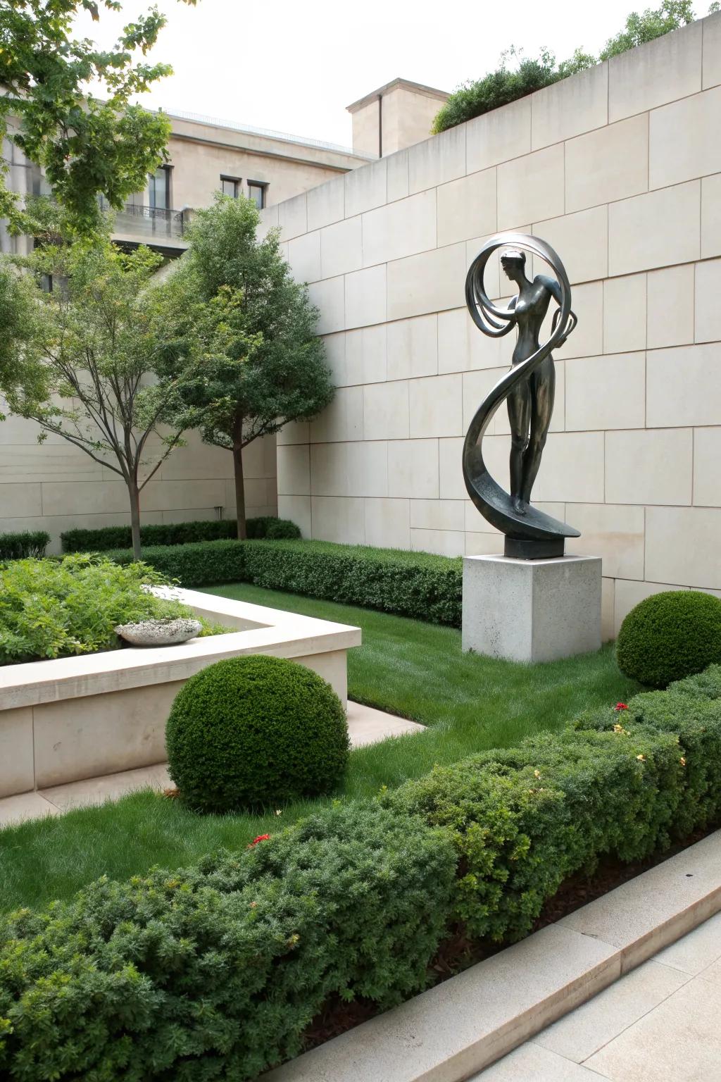 Sculptural wall art adds a contemporary flair to outdoor spaces.