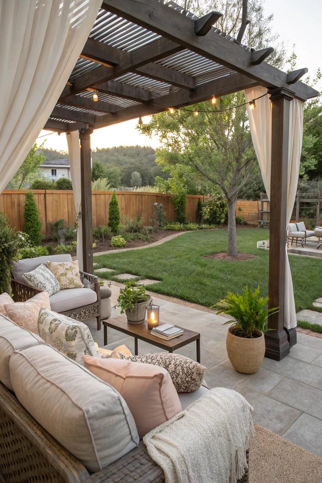 An outdoor living room under a pergola, perfect for relaxation and socializing.