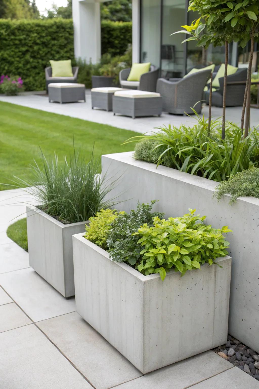 Concrete planters bring urban charm to your garden.