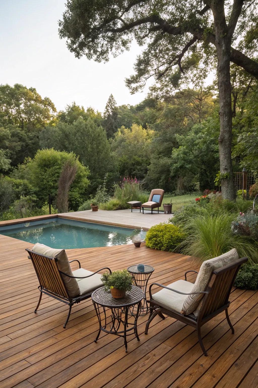 A wooden deck brings warmth and natural beauty to your pool area.