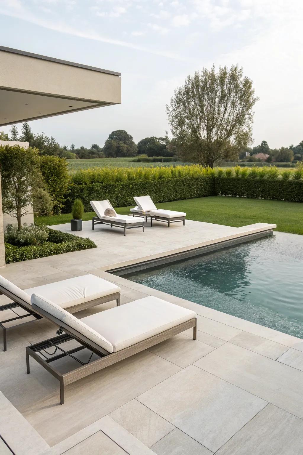 A minimalist pool patio with clean lines and neutral tones.