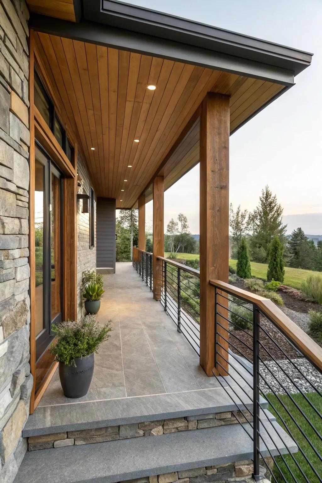 A modern porch with natural wood and stone elements.
