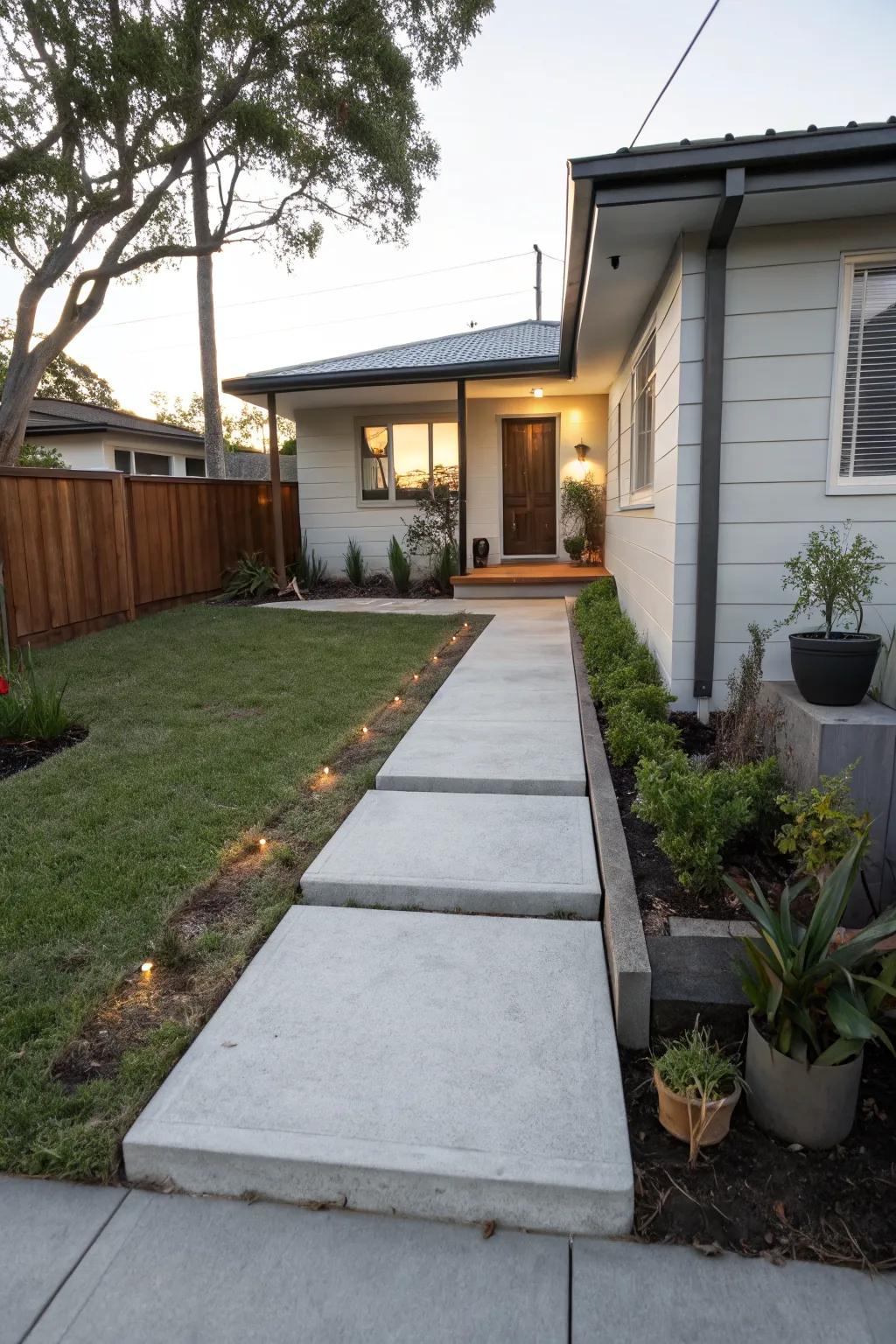 Concrete slab pathways add a modern touch to your front yard.